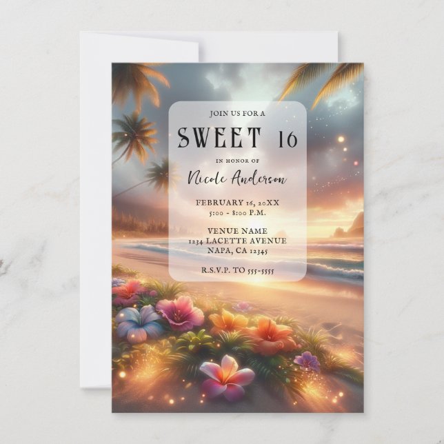 Invitation Plage Tropicale Enchantée Hibiscus Magique 16 Ans  (Devant)
