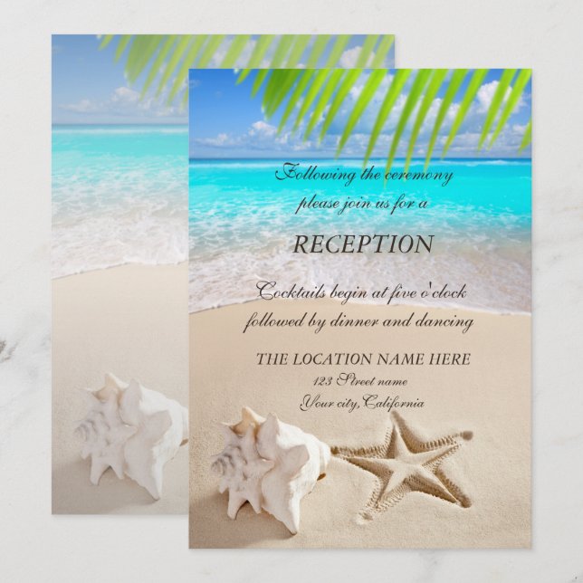 Invitation Plage Tropicale, Étoile de Mer, Coquillage  Récept (Devant / Derrière)