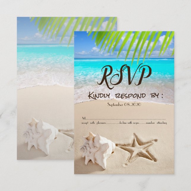 Invitation Plage tropicale, étoile de mer, coquillage RSVP (Devant / Derrière)
