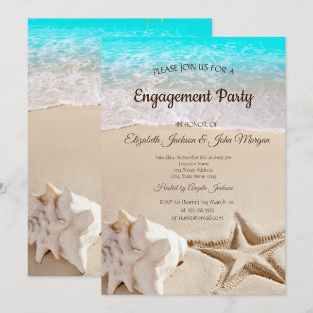 Invitation Plage Tropicale, Étoile de Mer, Fiançailles Coquil (Devant / Derrière)