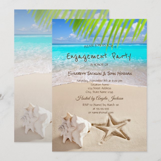 Invitation Plage Tropicale, Étoile de Mer, Fiançailles Coquil (Devant / Derrière)