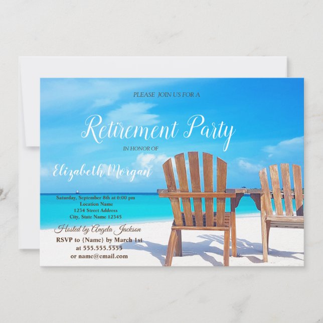 Invitation Plage tropicale, fête de retraite avec chaises en  (Devant)