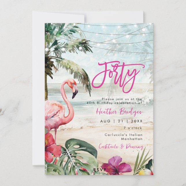 Invitation plage tropicale flamingo fête de 40e anniversaire (Devant)