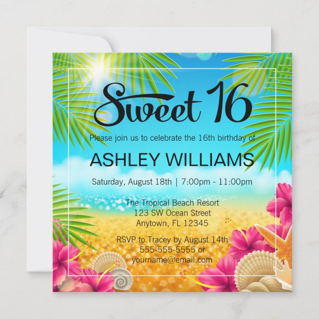 Invitation Plage Tropicale Fleur d'Hibiscus Rose Anniversaire (Devant)