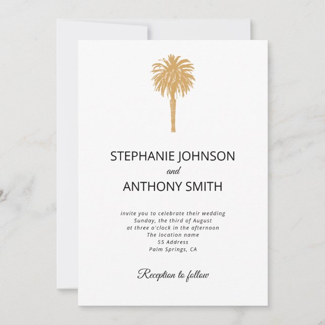 Invitation Plage tropicale Gold Palm Tree Destination Mariage (Devant)