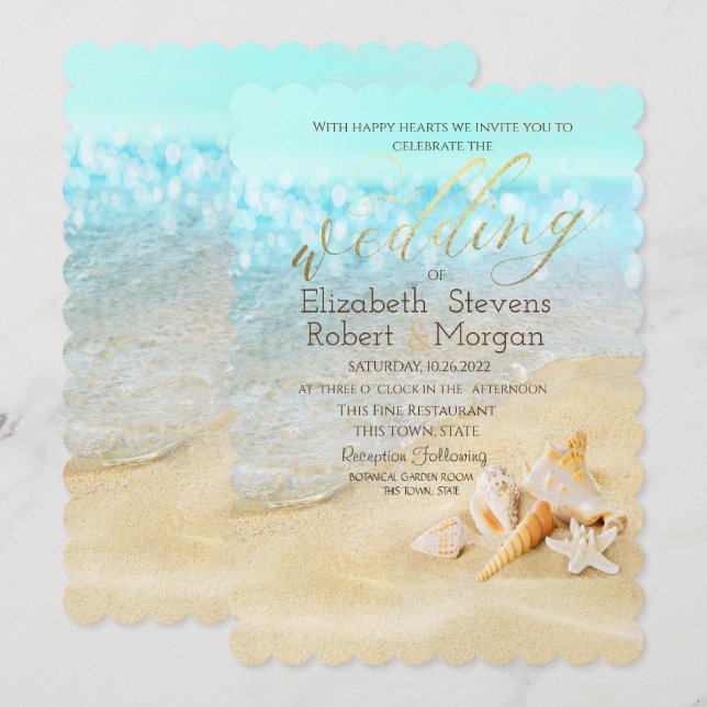 Invitation Plage Tropicale, Mariage aux Coquillages (Devant / Derrière)