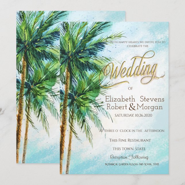 Invitation Plage tropicale, mariage aux palmiers (Devant / Derrière)