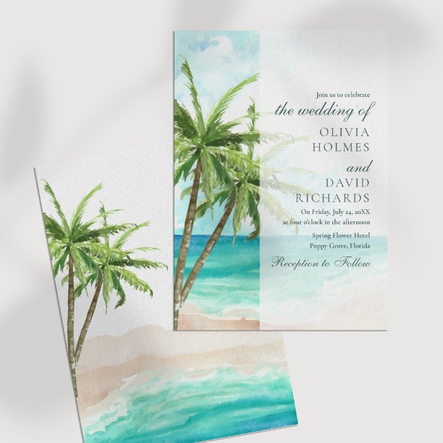 Invitation Plage tropicale moderne et Mariage de palmiers (Modern Tropical Beach and Palm Trees Wedding Invitation on a white table.)