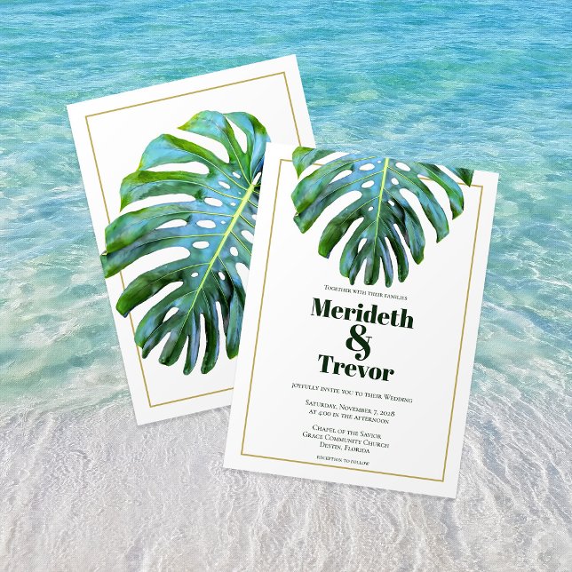 Invitation Plage tropicale Monstera Feuille or moderne Gras T (Créateur téléchargé)
