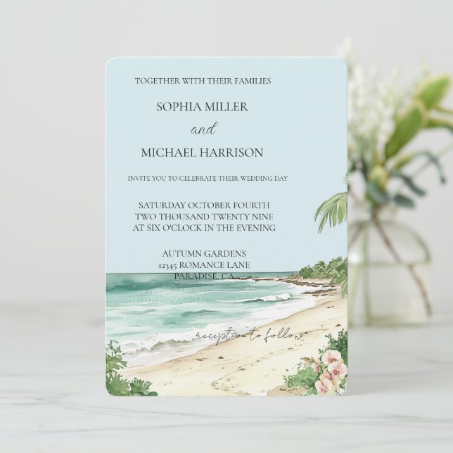 Invitation Plage tropicale Orchidée rose Mariage floral (Debout devant)
