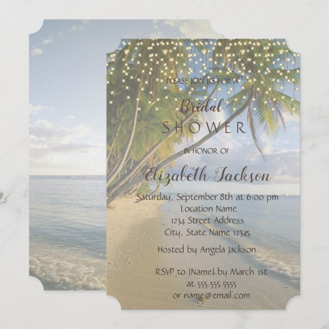 Invitation Plage tropicale, Palm, Fête des mariées des lumièr (Devant / Derrière)