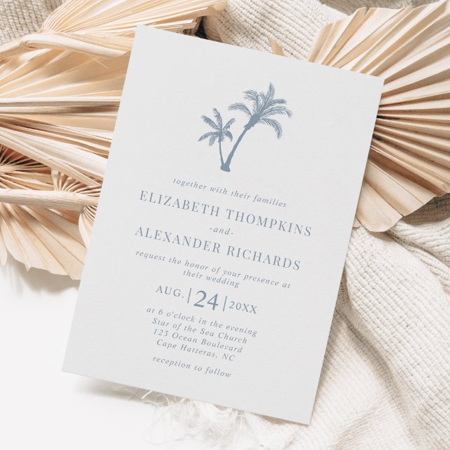 Invitation Plage tropicale Palm Tree Dusty Blue Mariage (Créateur téléchargé)