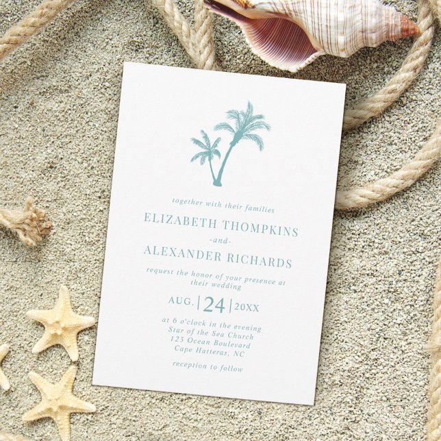 Invitation Plage tropicale Palm Tree Mariage bleu verre de me (Créateur téléchargé)