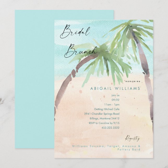 Invitation Plage tropicale Palm Trees Bridal Brunch Invitatio (Devant / Derrière)
