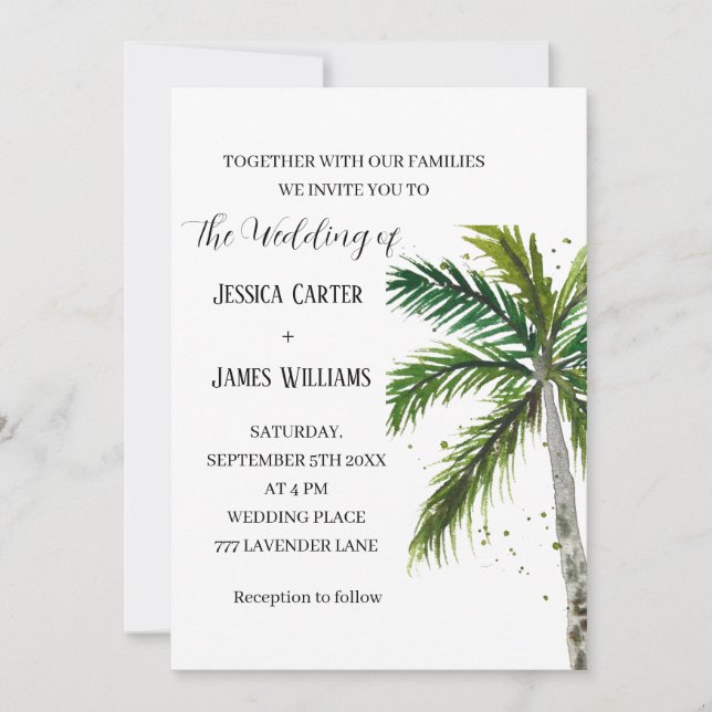 Invitation Plage tropicale Palm Trees Mariage aquarelle (Devant)