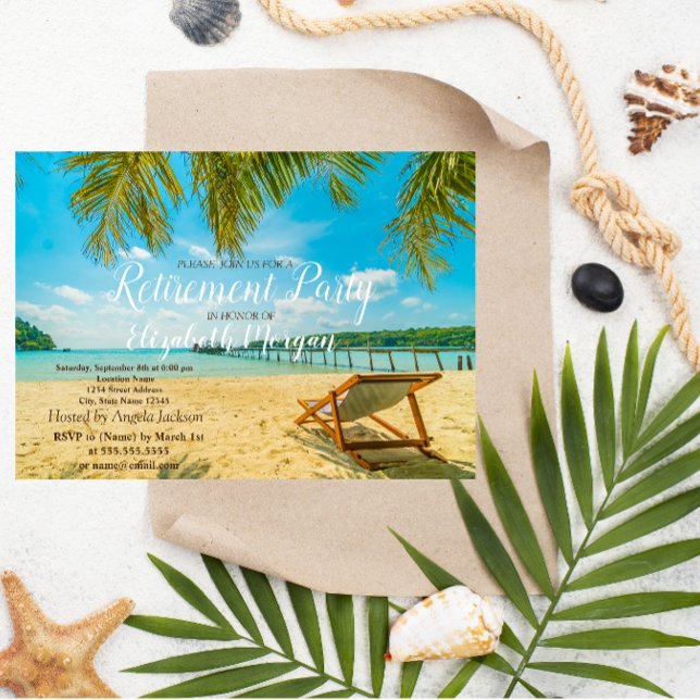 Invitation Plage Tropicale, Palmier, Chaise Fête de Retraite (Créateur téléchargé)