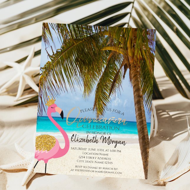 Invitation Plage tropicale, Palmier, Flamingo  Quinceañera (Créateur téléchargé)
