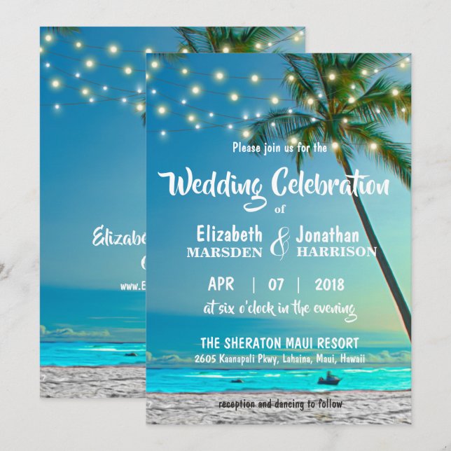 Invitation Plage tropicale Palmiers Arbres à cordes Lumières  (Devant / Derrière)