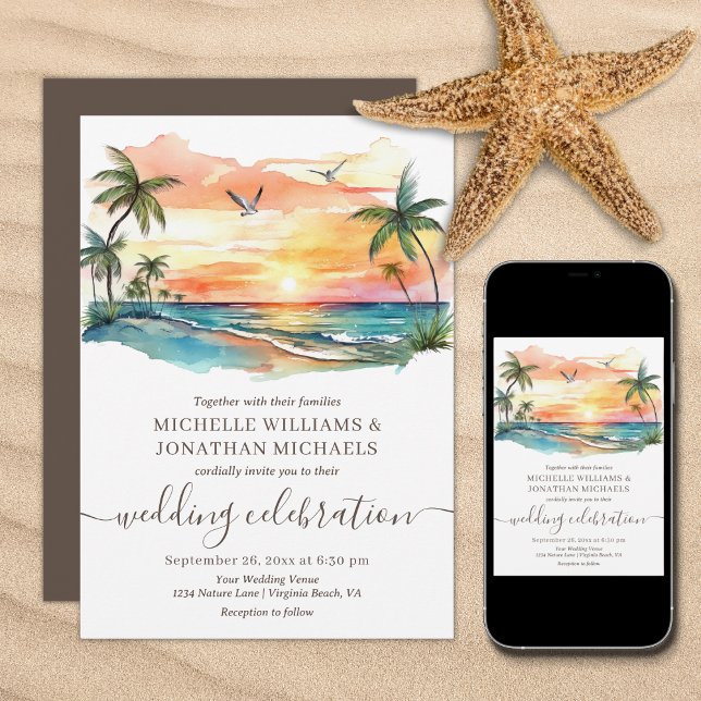 Invitation Plage tropicale Palmiers Destination Mariage (Tropical Beach Palm Trees Destination Wedding Invitation - Printed and Digital)