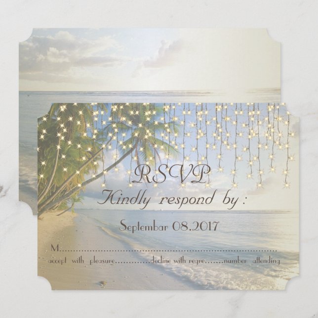 Invitation Plage tropicale,Palmiers,Lumières festives  RSVP (Devant / Derrière)