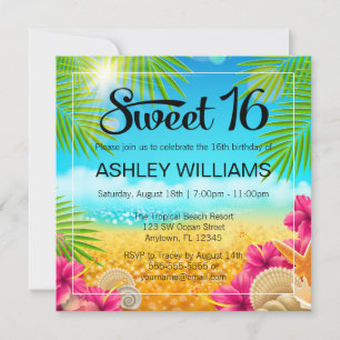 Invitation Plage tropicale Pink Hibiscus Sweet 16 Anniversair