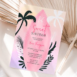 Invitation Plage tropicale planches de surf palmier Sweet 16<br><div class="desc">Une invitation à l'anniversaire de sweet sixteen à thème de la plage tropicale avec une planche de surf rose cool avec palmier tropical modifiable,  feuilles de palmiers,  sur un lavage d'aquarelle rose et jaune violet,  ajoutez votre photo à l'arrière. Parfait pour la fête 16 sucré d'été.</div>
