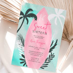 Invitation Plage tropicale planches de surf palmier Sweet 16<br><div class="desc">Une invitation à l'anniversaire de sweet sixteen à thème de plage tropicale avec une planche de surf rose cool avec palmier tropical modifiable,  feuilles de palmiers,  sur un lavage bleu turquoise aquarelle,  ajoutez votre photo à l'arrière. Parfait pour la fête 16 sucré d'été.</div>
