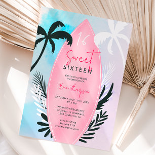 Invitation Plage tropicale planches de surf palmier Sweet 16