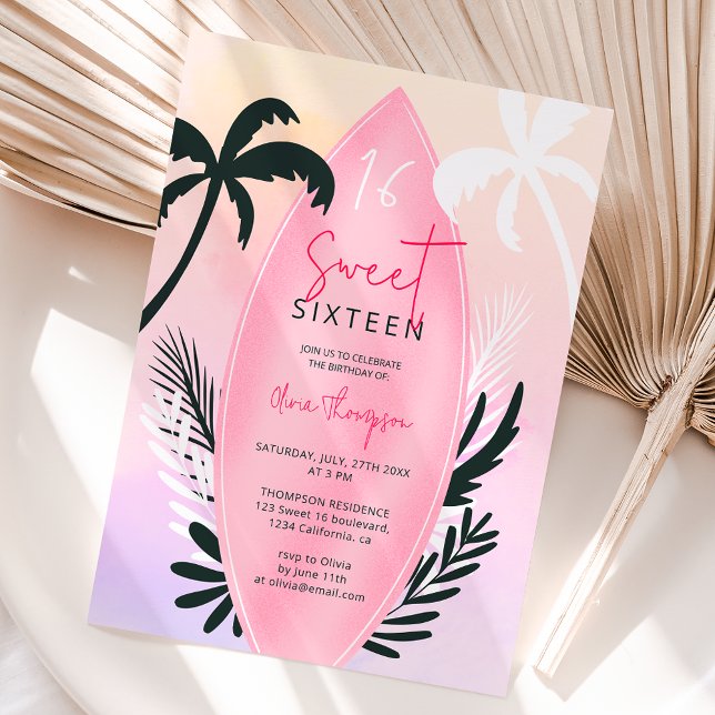 Invitation Plage tropicale planches de surf palmier Sweet 16 (Tropical beach surfboard palm tree Sweet 16 Invitation)