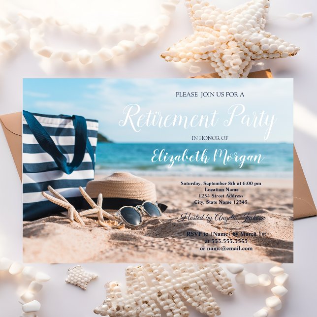 Invitation Plage tropicale, sable, fête de retraite relaxante (Créateur téléchargé)