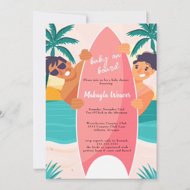 Invitation Plage tropicale surf palmier Baby shower Inv (Devant)