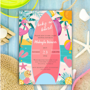 Invitation Plage tropicale surf palmier Baby shower Inv