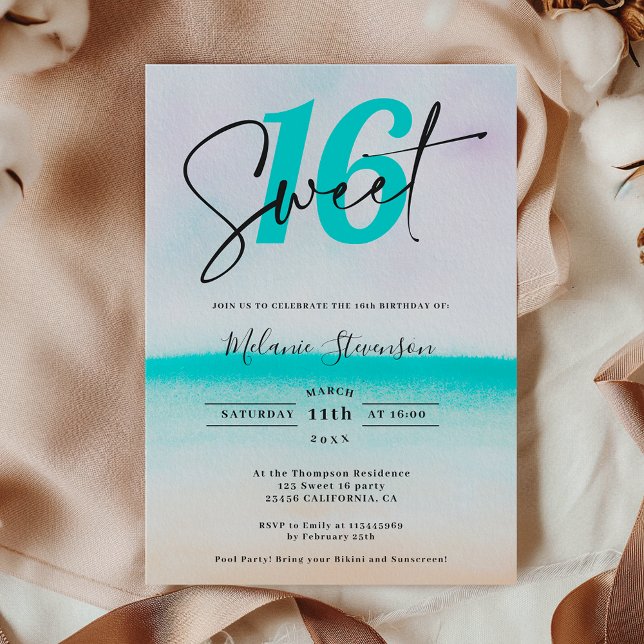 Invitation Plage tropicale turquoise sombre script doux 16 (Tropical turquoise beach ombre script sweet 16 invitation)