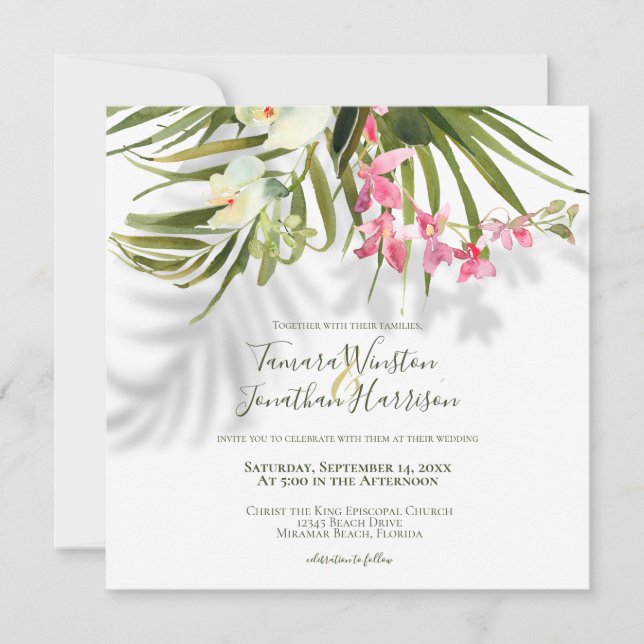 Invitation Plage tropicale Verdure rose Mariage floral (Devant)