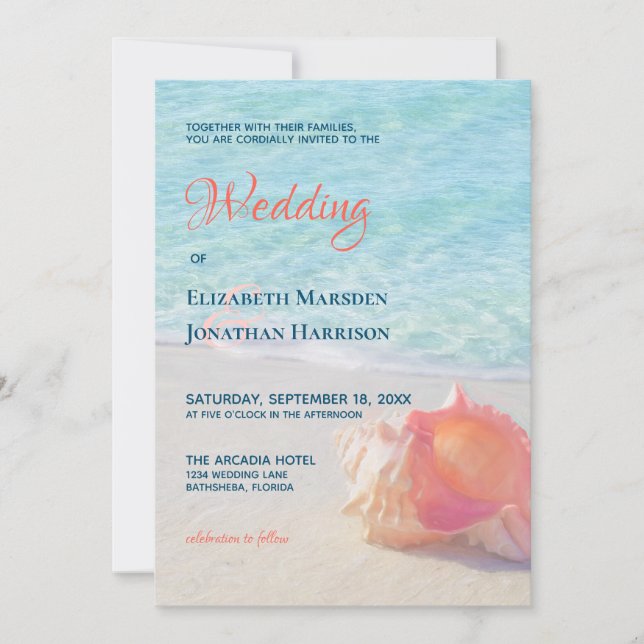Invitation Plage Turquoise & Coral Conch Coque Destination Ma (Devant)