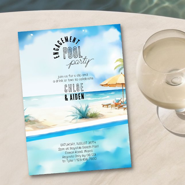 Invitation Plage Watercolor du fiançailles Pool (Pool Party Invitation with watercolor beach view - easy to customize for engagement, anniversary etc)