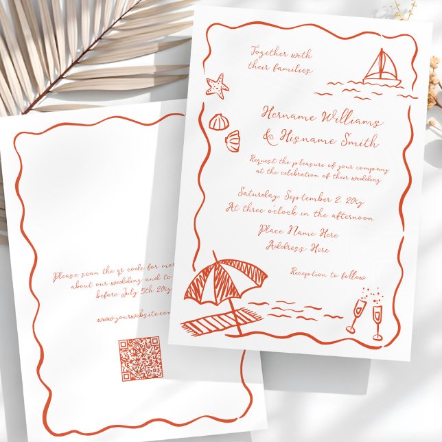 Invitation Plage Whimsical Rouge main tiré QR RSVP Mariage (Créateur téléchargé)