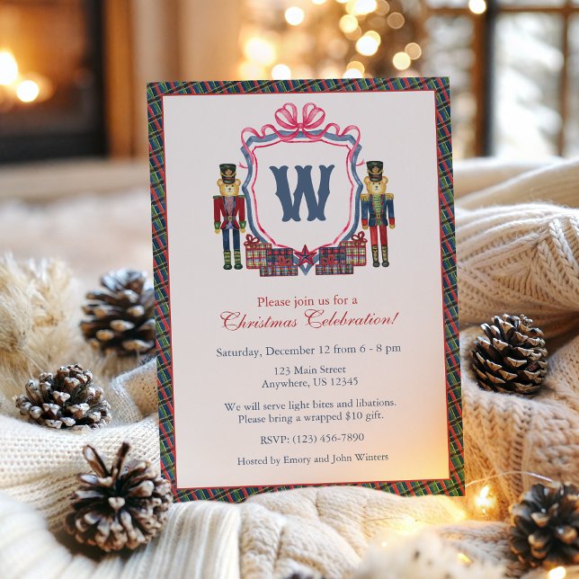 Invitation Plaid Aquarelle Ours Casse-Noisette Monogramme Bla (Créateur téléchargé)