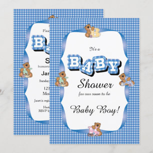 Invitation Plaid Bleu aux ours  Baby shower
