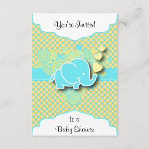 Invitation Plaid bleu et jaune avec éléphant bébé