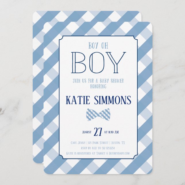 Invitation Plaid Bow Cravate Southern Baby Boy Shower Invitat (Devant / Derrière)