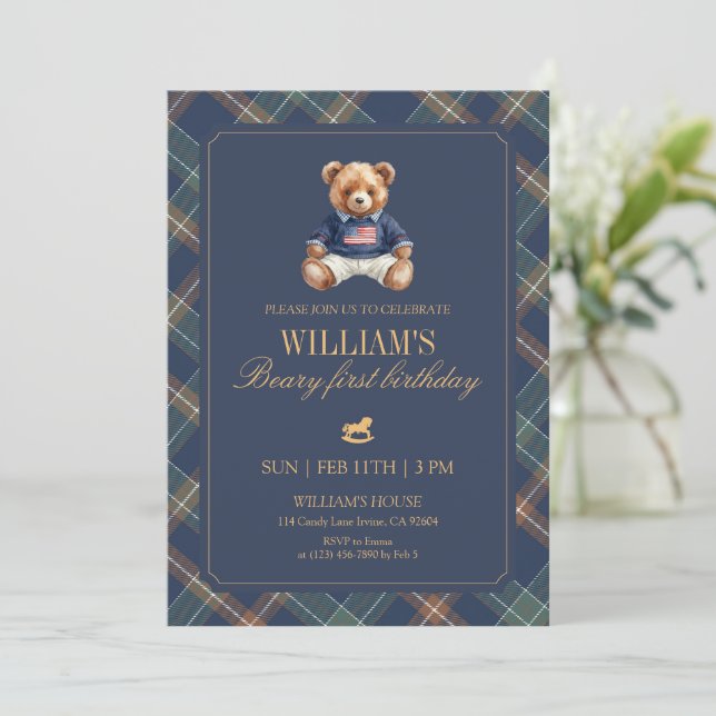 Invitation Plaid Boy Teddy Navy Tartan Bear 1st Birthday (Debout devant)
