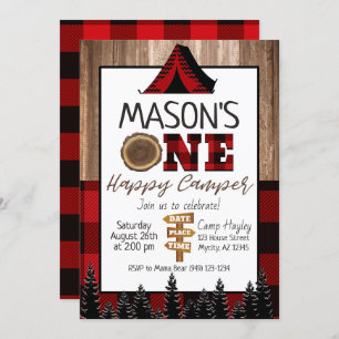Invitation Plaid Camper Boy Camping noir et rouge One Happy