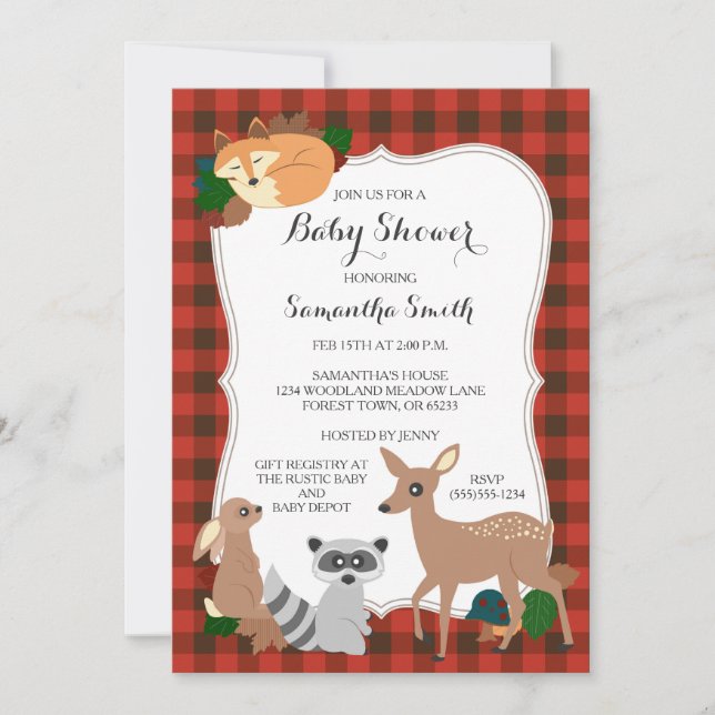 Invitation Plaid de Buffalo de baby shower de créatures de (Devant)