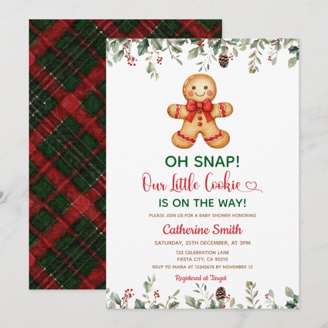 Invitation Plaid Gingerbread Classic Christmas Baby Shower  (Devant / Derrière)