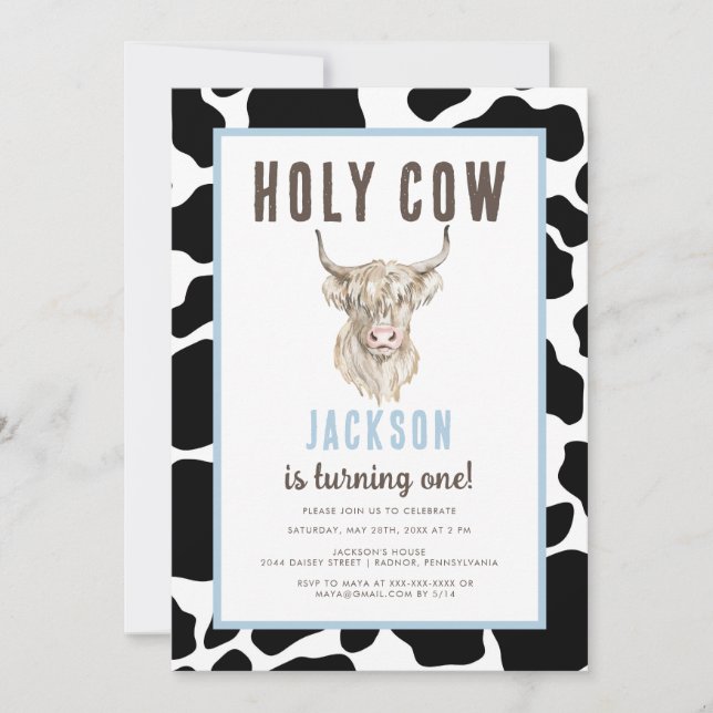 Invitation Plaid Holy Cow I'm One Boy Birthday (Devant)
