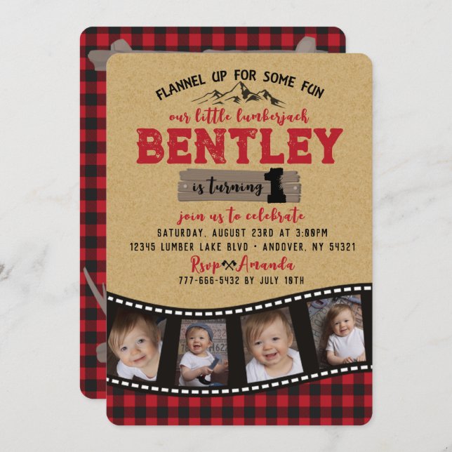 Invitation Plaid Lumberjack Filmstrip Multi Photo Anniversair (Devant / Derrière)