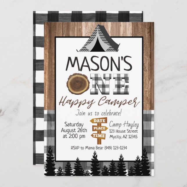 Invitation Plaid noir et blanc One Happy Camper Boy Camping (Devant / Derrière)