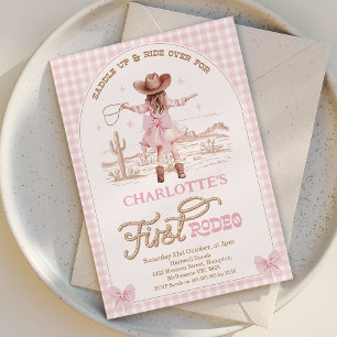 Invitation Plaid Pink Bows Girls Premier Rodéo 1er Anniversai