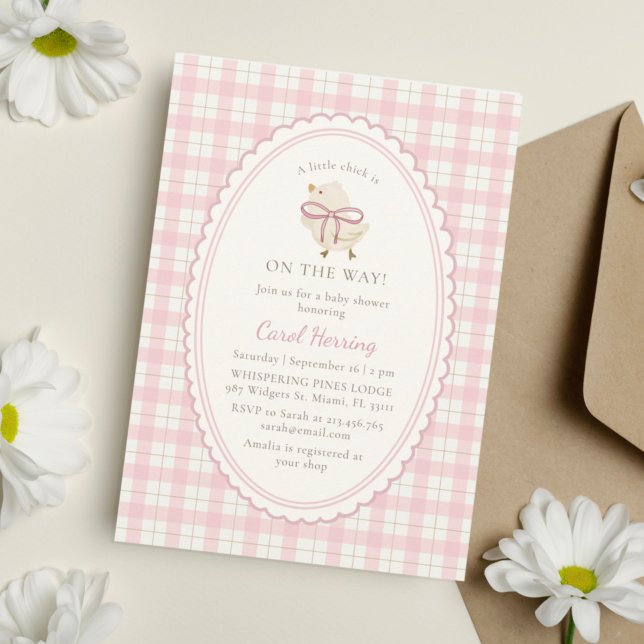 Invitation Plaid rose, petite fille poussin, Baby Shower (Créateur téléchargé)